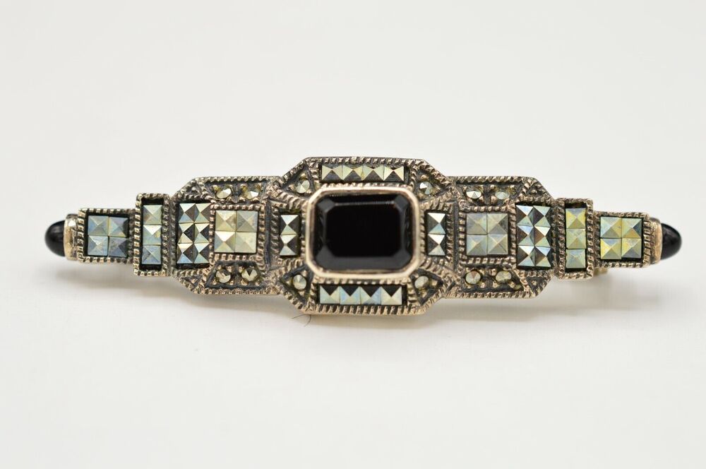 Judith Jack Vintage Pin Brooch Sterling Silver Marcasite Black Onyx Signed BinJ